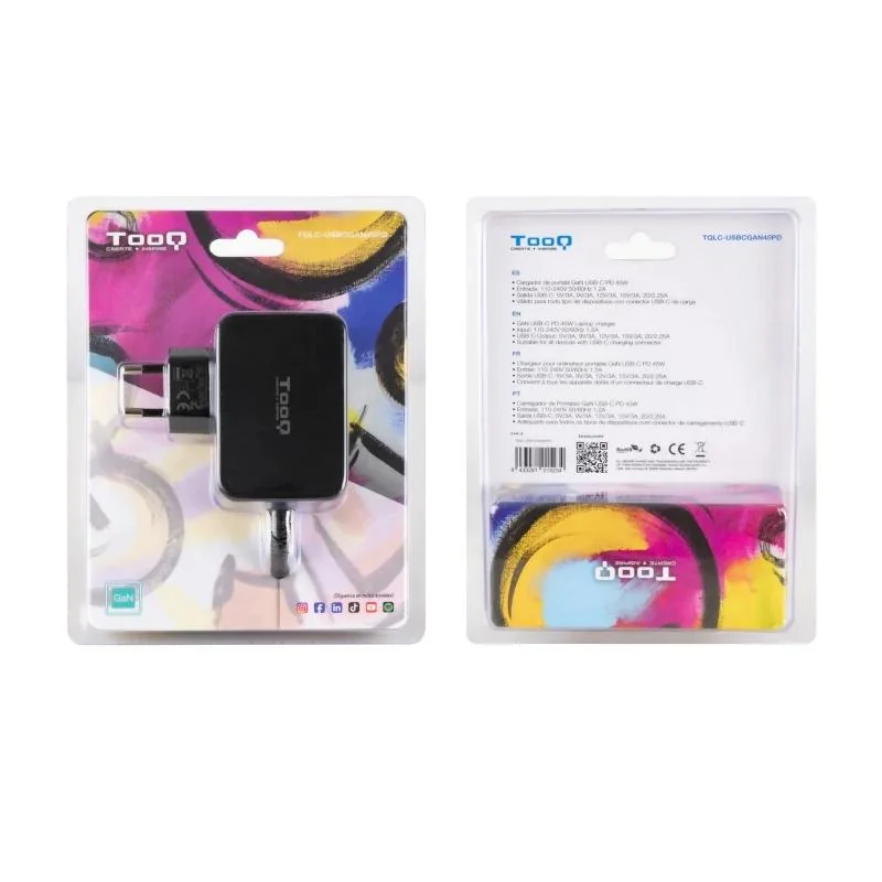Tooq Cargador portátil GAN USB-C PD 45W Negro