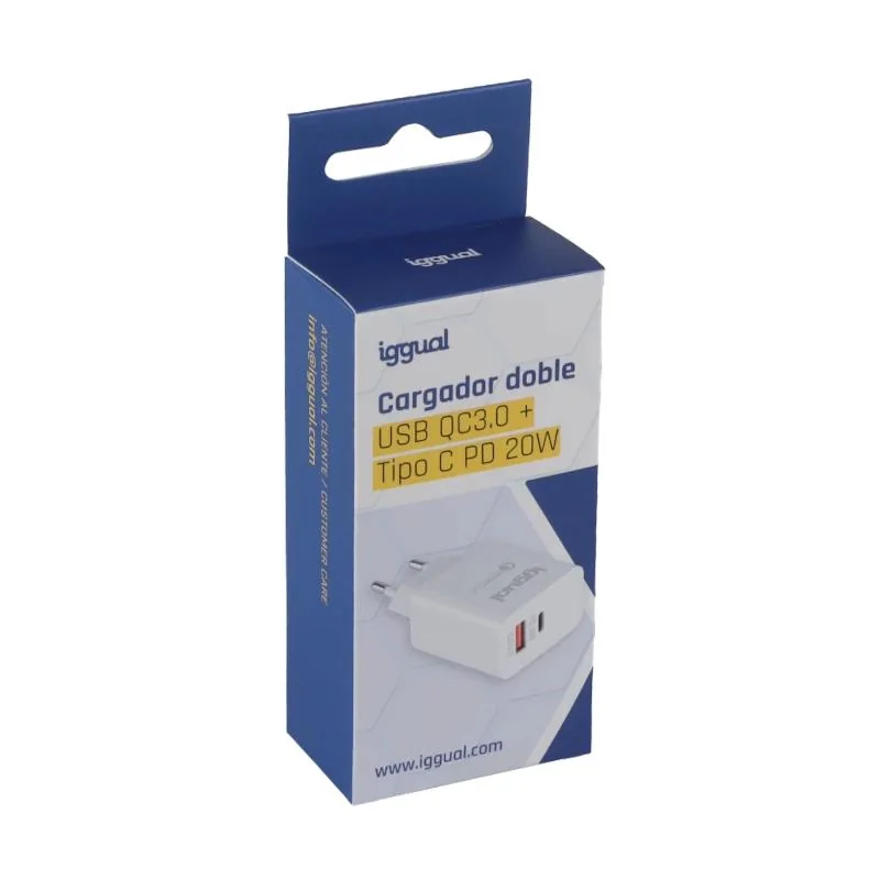 iggual Cargador doble USB QC3.0 + tipo C PD 20W
