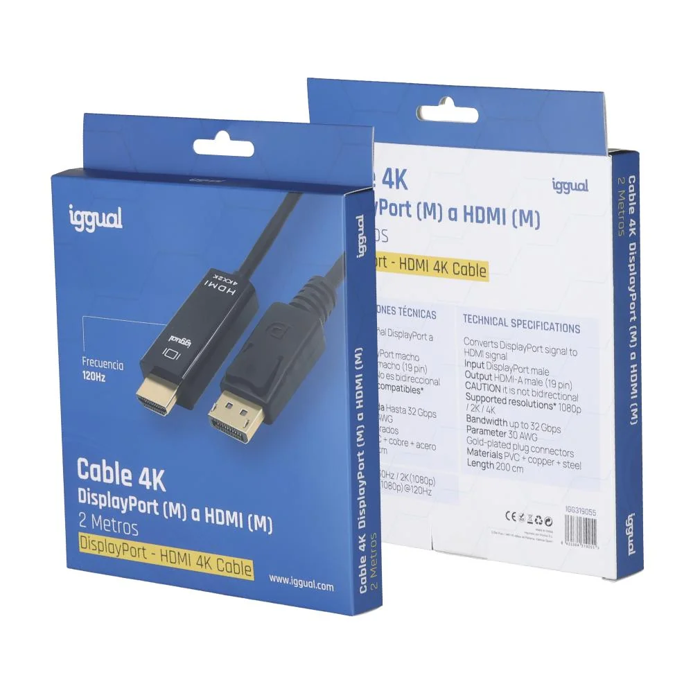 iggual Cable DisplayPort (M) a HDMI (M) 4K 2metros