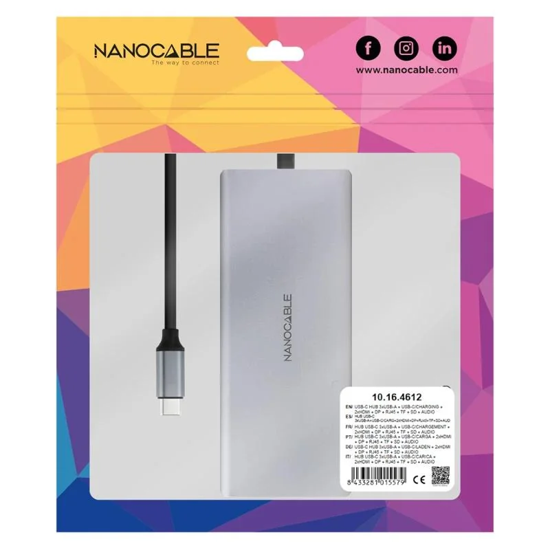 Nanocable Hub 12en1 USB-A/C+HDMI+DP+RJ45+TF+SD+AU