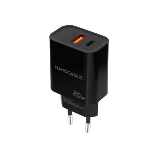 [AATCAT0428] Nanocable Cargador USB-C/PD+USB-A/QC 20W Negro