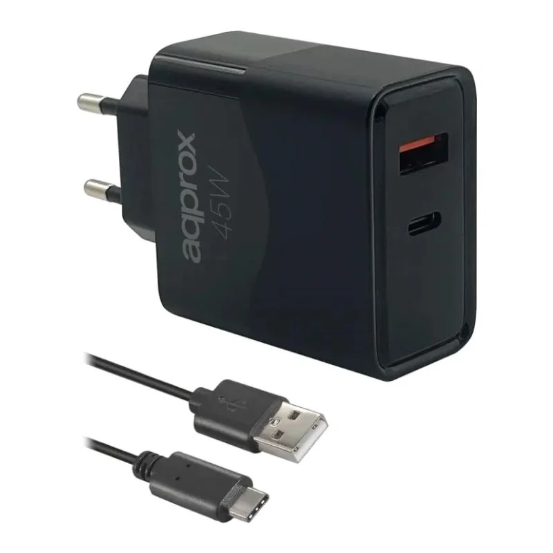 [AATCAT0505] APPROX CARGADOR 45W QC 1 X USB A+ 1 X USB C+CABLE
